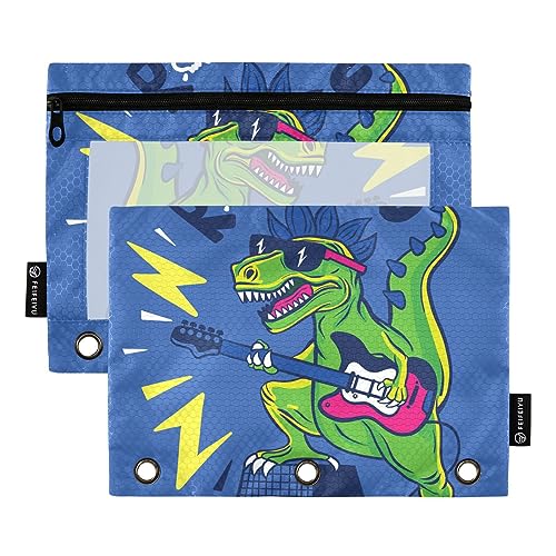 Wudan Rocker Dinosaurier Guiter 3 Ringbuch Federmäppchen 2 Pack Transparent Wasserdicht Kunststoff Federmäppchen mit Reißverschluss Kosmetiktasche Büro Dokument Organizer von Wudan