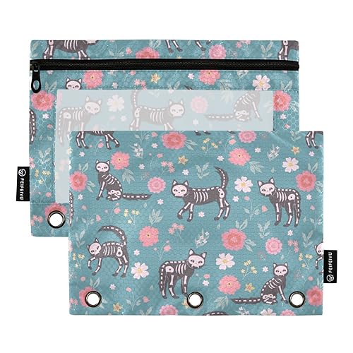 Wudan Skelett Katzen Blumen 3 Ring Binder Bleistift Beutel Set von 2 Recycelte Klar Bleistift Fall Kunststoff Bleistift Tasche Schreibwaren Liefert Aufbewahrungsbehälter von Wudan