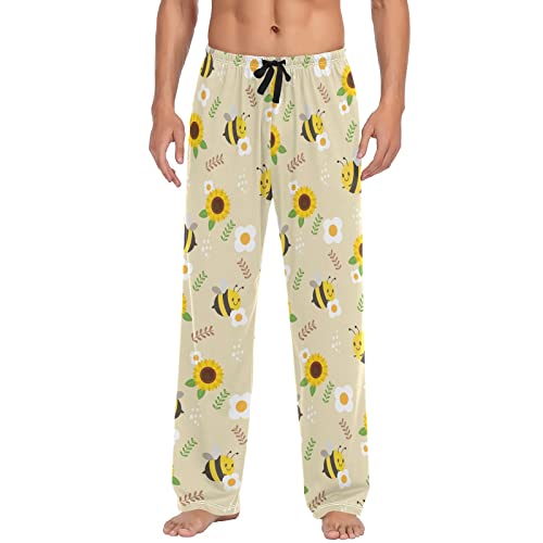 Wudan Sonnenblume mit Schmetterling Schwarz Herren Pyjamahose Loungehose Pyjamahose mit Taschen S, Gelbe Biene, Sonnenblume, weiße Blume, Large von Wudan