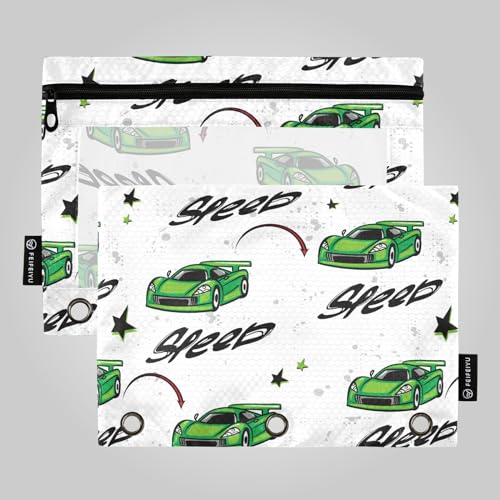 Wudan Speed Sport Auto Grunge Dots Sstars Green Race 3 Ringe Binder Federmäppchen 2 Pack Reißverschluss Wasserdichte Kosmetiktasche Reißverschluss Federmäppchen Aufbewahrungsbehälter Bürozubehör von Wudan