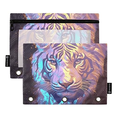 Wudan Tiger Farbverlauf Glitzer Pailletten Blau Lila Gelb Rosa 3 Ring Binder Federmäppchen 2 Pack Transparent Wasserdicht Kunststoff Federmäppchen mit Reißverschluss Kosmetiktasche Büro Dokument von Wudan