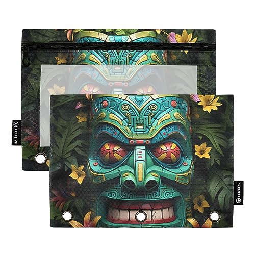 Wudan Tiki Flowers Federmäppchen mit 3 Ringbüchern, durchsichtig, wasserdicht, Kunststoff, mit Reißverschluss, Kosmetiktasche, Büro-Dokumenten-Organizer, Cyan / Grün / Blau, 2 Stück von Wudan