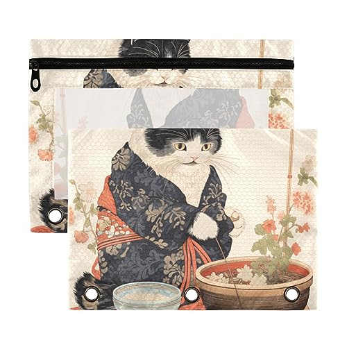 Wudan Ukiyo-e Federmäppchen, Katzenkimono, Gelb, Schwarz, Indigo, 3 Ringe, transparent, wasserdicht, Kunststoff, mit Reißverschluss, Kosmetiktasche, Büro, Dokumentenorganizer von Wudan