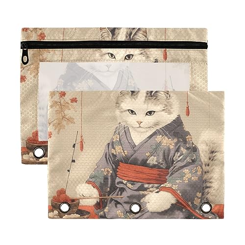 Wudan Ukiyo-e Federmäppchen, Katzenkimono, Rot, Gelb, Schwarz, Indigo, 3 Ringe, transparent, wasserdicht, Kunststoff, mit Reißverschluss, Kosmetiktasche, Büro-Dokumenten-Organizer, 2 Stück von Wudan