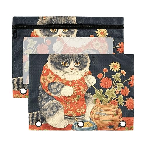 Wudan Ukiyo-e Federmäppchen, Katzenkimono, Rot, Gelb, Schwarz, Indigo, Schwarz, 3 Ringe, transparent, wasserdicht, Kunststoff, mit Reißverschluss, Kosmetiktasche, Büro-Dokumenten-Organizer, 2 Stück von Wudan