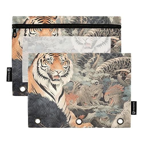 Wudan Ukiyo-e Stil Tiger Gelb 3 Ring Binder Bleistift Tasche 2 Pack Transparent Wasserdicht Kunststoff Bleistift Fall mit Reißverschluss Kosmetiktasche Büro Dokument Organizer von Wudan