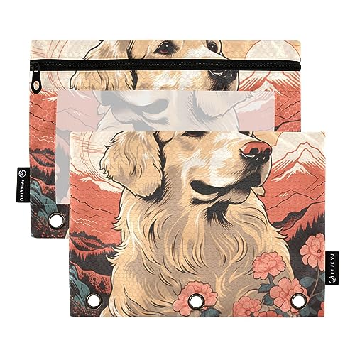 Wudan Ukiyo-e Style Golden Retriever Federmäppchen mit 3 Ringbüchern, transparent, wasserdicht, Kunststoff, mit Reißverschluss, Kosmetiktasche, Büro, Dokumenten-Organizer, Rot, 2 Stück von Wudan