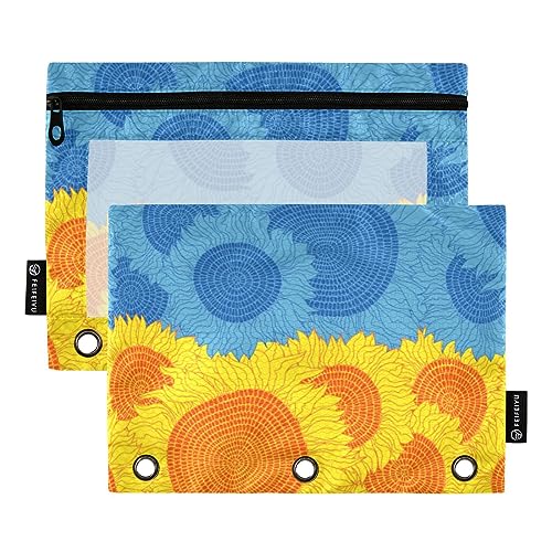 Wudan Ukraine Sonnenblumen Blume Gelb Blau 3 Ring Binder Federmäppchen 2 Pack Transparent Wasserdicht Kunststoff Federmäppchen mit Reißverschluss Kosmetiktasche Büro Dokument Organizer von Wudan