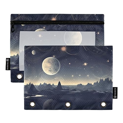 Wudan Universe Golden Planet Federmäppchen mit 3 Ringbüchern, transparent, wasserdicht, Kunststoff, mit Reißverschluss, Kosmetiktasche, Büro, Dokumenten-Organizer, Blau, 2 Stück von Wudan