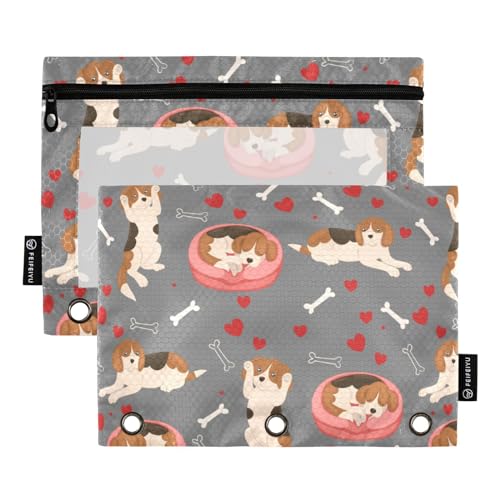 Wudan Valentine Beagle Dogs Hearts Bones 3 Ring Binder Pencil Pouch Set of 2 Plastic Zipper Pencil Bags Soft Pencil Case Office Organizer Supply von Wudan