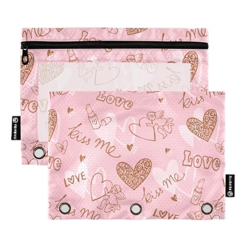 Wudan Valentine Hearts Love Lippenstift Rosa 3 Ringe Binder Federmäppchen Set von 2 Reißverschluss Ordner Make-up Tasche Federmäppchen Bulk Home Reise Karten Aufbewahrungsbehälter Bürobedarf von Wudan