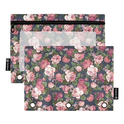 Wudan Vintage Flower Roses on Navy 3 Ring Binder Pencil Pouch 2 Pack Folder Recycled Pencil Bags Binder Pencil Case Stationery Accessories Office Supplies von Wudan