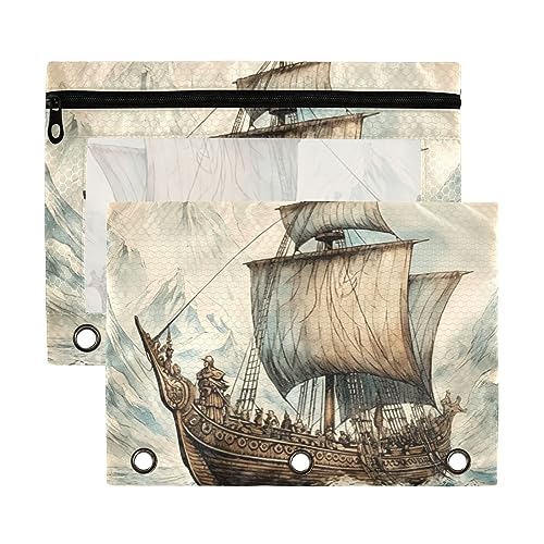 Wudan Vintage Segelboot Ocean Blue 3 Ring Binder Pencil Pouch 2 Pack Clear Waterproof Plastic Pencil Case with Zipper Cosmetic Bag Office Document Organizer von Wudan