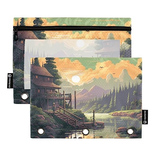 Wudan Wald Grün Gelb 3 Ring Binder Bleistift Beutel 2 Pcs Klar Recycelte Bleistift Taschen Bleistift Fall Mit Binder Bürobedarf Zubehör von Wudan