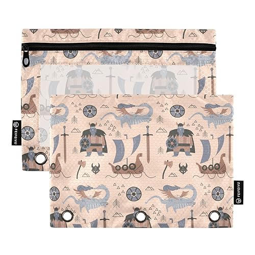 Wudan Wikinger Cartoon Drache Retro Muster 3 Ring Binder Bleistift Tasche Set von 2 Klar Recycling Federmäppchen Kunststoff Bleistift Fall Schreibwaren Liefert Aufbewahrungsbehälter von Wudan