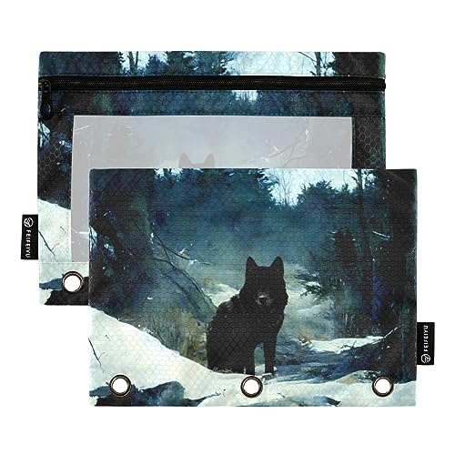 Wudan Wolf Forest Ölgemälde-Stil Blau 3 Ring Binder Federmäppchen 2 Pack Transparent Wasserdicht Kunststoff Federmäppchen mit Reißverschluss Kosmetiktasche Büro Dokument Organizer von Wudan