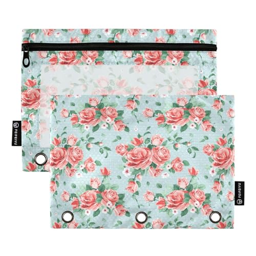 Wudan Zarte Frühlingsblumen Vintage Rosen 3 Ring Binder Federmäppchen Set von 2 Ordner Reißverschluss Federmäppchen Klar Bleistift Tasche Aufbewahrungsbehälter Büro Zubehör von Wudan