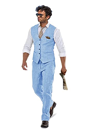 Leinen Strand Hochzeit Anzüge Herren Slim Fit 2 Stück Bräutigam Anzug Abschlussball Party Kleid Smoking Weste Hosen Anzug Set, Blau, S von Wudli