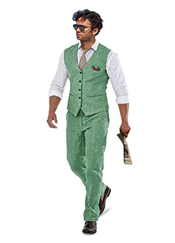 Leinen Strand Hochzeit Anzüge Herren Slim Fit 2 Stück Bräutigam Anzug Abschlussball Party Kleid Smoking Weste Hosen Anzug Set, Light Green, L von Wudli