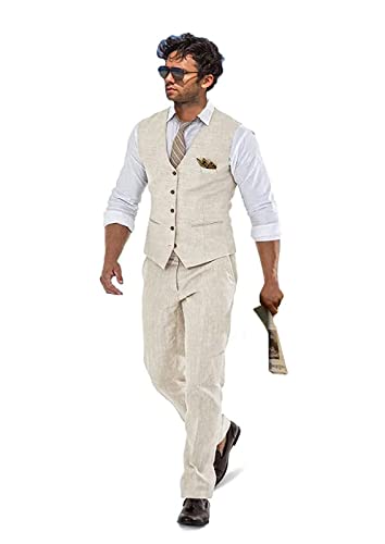 Leinen Strand Hochzeit Anzüge Herren Slim Fit 2 Stück Bräutigam Anzug Prom Party Kleid Smoking Weste Hosen Anzug Set, Beige, L von Wudli