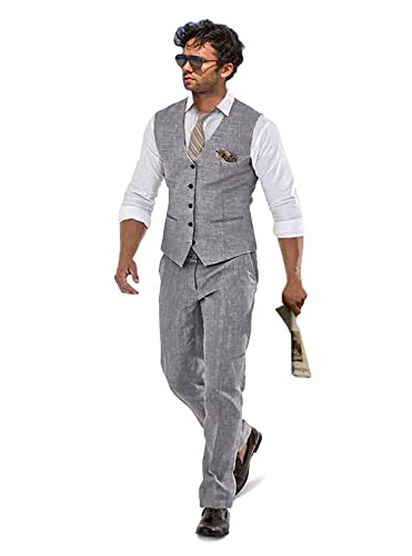 Leinen Strand Hochzeit Anzüge Herren Slim Fit 2 Stück Bräutigam Anzug Prom Party Kleid Smoking Weste Hosen Anzug Set, Grau, L von Wudli