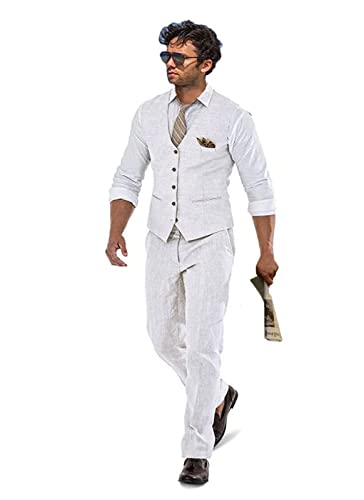 Leinen Strand Hochzeit Anzüge Herren Slim Fit 2 Stück Bräutigam Anzug Prom Party Kleid Smoking Weste Hosen Anzug Set, Weiss/opulenter Garten, M von Wudli