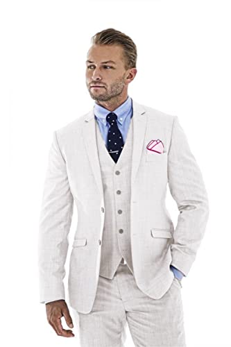 Wudli Herren 3 Stück Leinenanzug Slim Fit Sommer Hochzeit Smoking Bräutigam Retro Blazer Weste Hose, elfenbeinfarben, L von Wudli