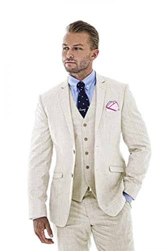 Wudli Herren 3 Stücke Leinen Anzug Slim Fit Sommer Hochzeit Smoking Retro Bräutigam Abschlussball Party Blazer Weste Hosen, Beige, S von Wudli