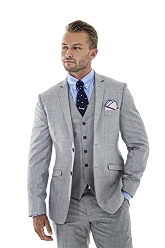 Wudli Herren 3 Stücke Leinen Anzug Slim Fit Sommer Hochzeit Smoking Retro Bräutigam Abschlussball Party Blazer Weste Hosen, Grau, XL von Wudli