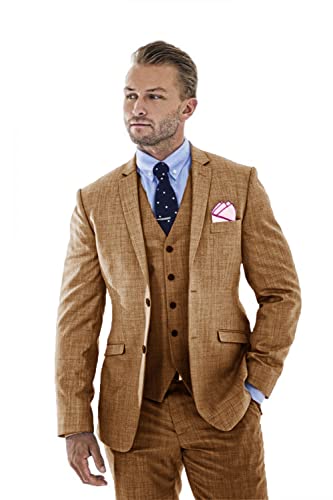 Wudli Herren 3 Stücke Leinen Anzug Slim Fit Sommer Hochzeit Smoking Retro Bräutigam Abschlussball Party Blazer Weste Hosen, Khaki, M von Wudli