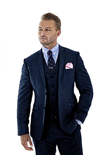 Wudli Herren 3 Stücke Leinen Anzug Slim Fit Sommer Hochzeit Smoking Retro Bräutigam Abschlussball Party Blazer Weste Hosen, Marineblau, L von Wudli