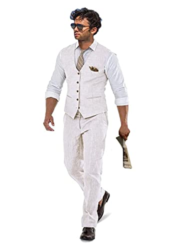 Wudli Leinen Strand Hochzeit Anzüge Herren Slim Fit 2 Stück Bräutigam Anzug Abschlussball Party Kleid Smoking Weste Hosen Anzug Set, elfenbeinfarben, XX-Large, WD004-IV-XXL von Wudli