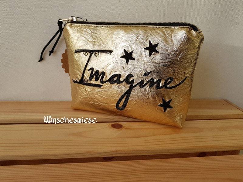 Beautycase, Kulturtasche, Kosmetiktasche "Imagine" Kunstleder Metallic-Gold von Wuenscheswiese