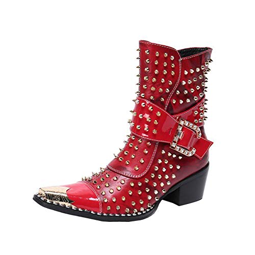 Wuf Herren Cowboystiefel Stiefeletten Rock Leder Stiefel Punk Nieten Metall Westernstiefel Biker Boots (Rot, numeric_38) von Wuf