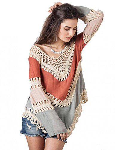 Wuiyepo Frauen Böhmen Langarm Stickerei Spitze Crochet Strick Spliced Bluse (orange) von Wuiyepo