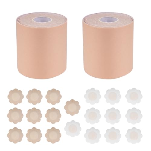 Wukemaoyi 2 Rollen Brust Tape, Bra Breast Tapes, 7,5 cm x 5 m Selbstklebende Klebe BH Push Up Brust Tape für Damen, mit 10 Paar Nippelpads von Wukemaoyi