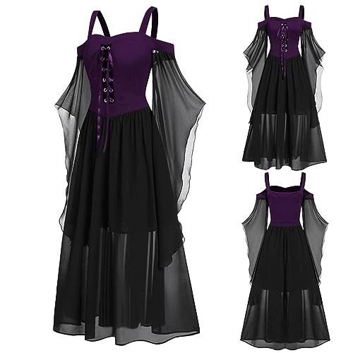 Wukesify Gothic Halloween Kleid Kostüm Damen | Gothic Kleid Mesh Bandage Maxikleid Mittelalter Kleidung Vintage Schulterfrei Kleider | Festliches Vintage Schwarz Hexenkleid Cosplay Club Party Kostü e von Wukesify