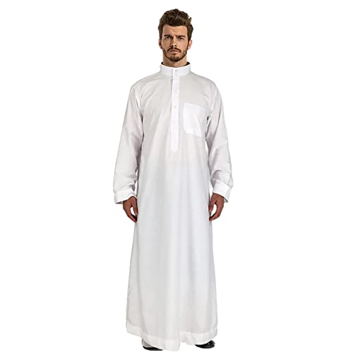 Wukesify Saudi-Arabisches Langarm-Gewand,Thobe Männer Arabisch Langarm Reine Farbe | Crew Stehkragen Kaftan Robe mit Knopf für Strand, Sommer von Wukesify