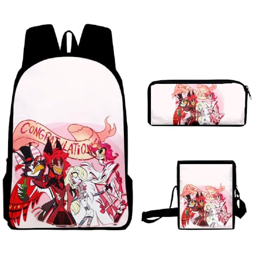 Wulachaka Hazbin Hotel Anime 3pcs Rucksack für Schüler Anime Schultaschen Komplettes Set mit Federmäppchen Mittagessen Tasche Unisex Geschenk für Kinder, Typ 12, 40*30*13cm, Anime von Wulachaka