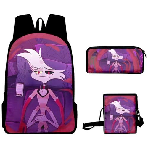 Wulachaka Hazbin Hotel Anime 3pcs Rucksack für Schüler Anime Schultaschen Komplettes Set mit Federmäppchen Mittagessen Tasche Unisex Geschenk für Kinder, Typ 13, 40*30*13cm, Anime von Wulachaka