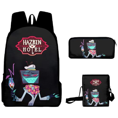 Wulachaka Hazbin Hotel Anime 3pcs Rucksack für Schüler Anime Schultaschen Komplettes Set mit Federmäppchen Mittagessen Tasche Unisex Geschenk für Kinder, Typ 14, 40*30*13cm, Anime von Wulachaka