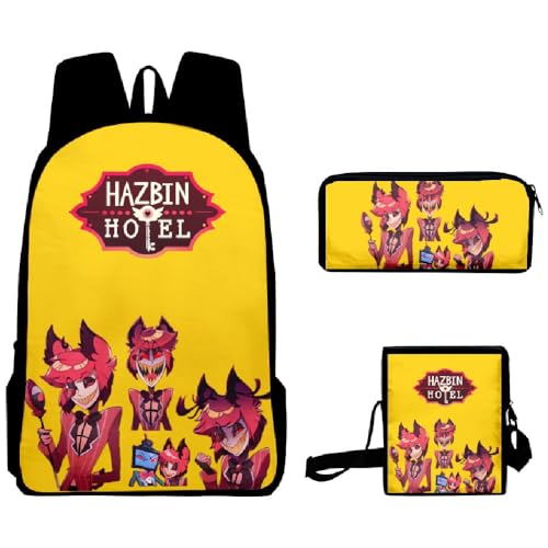 Wulachaka Hazbin Hotel Anime 3pcs Rucksack für Schüler Anime Schultaschen Komplettes Set mit Federmäppchen Mittagessen Tasche Unisex Geschenk für Kinder, Typ 15, 40*30*13cm, Anime von Wulachaka