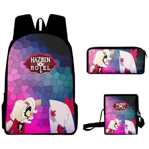 Wulachaka Hazbin Hotel Anime 3pcs Rucksack für Schüler Anime Schultaschen Komplettes Set mit Federmäppchen Mittagessen Tasche Unisex Geschenk für Kinder, Typ 16, 40*30*13cm, Anime von Wulachaka