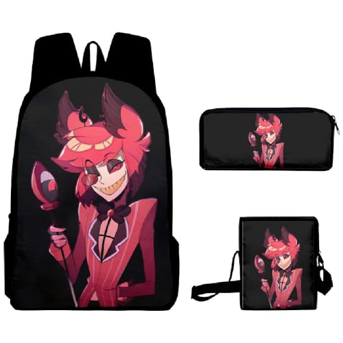 Wulachaka Hazbin Hotel Anime 3pcs Rucksack für Schüler Anime Schultaschen Komplettes Set mit Federmäppchen Mittagessen Tasche Unisex Geschenk für Kinder, Typ 17, 40*30*13cm, Anime von Wulachaka