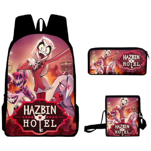 Wulachaka Hazbin Hotel Anime 3pcs Rucksack für Schüler Anime Schultaschen Komplettes Set mit Federmäppchen Mittagessen Tasche Unisex Geschenk für Kinder, Typ 21, 40*30*13cm, Anime von Wulachaka