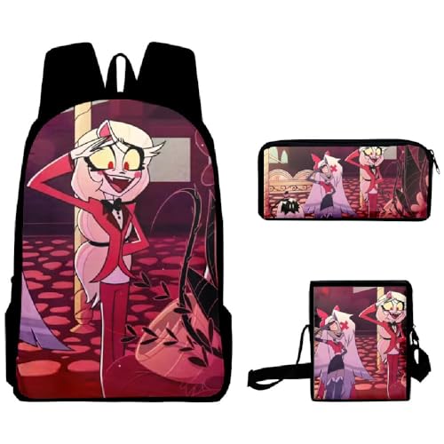 Wulachaka Hazbin Hotel Anime 3pcs Rucksack für Schüler Anime Schultaschen Komplettes Set mit Federmäppchen Mittagessen Tasche Unisex Geschenk für Kinder, Typ 22, 40*30*13cm, Anime von Wulachaka