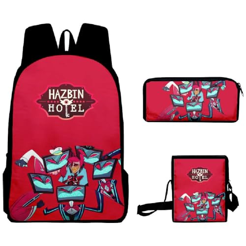 Wulachaka Hazbin Hotel Anime 3pcs Rucksack für Schüler Anime Schultaschen Komplettes Set mit Federmäppchen Mittagessen Tasche Unisex Geschenk für Kinder, Typ 24, 40*30*13cm, Anime von Wulachaka