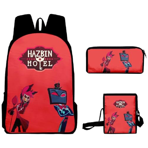 Wulachaka Hazbin Hotel Anime 3pcs Rucksack für Schüler Anime Schultaschen Komplettes Set mit Federmäppchen Mittagessen Tasche Unisex Geschenk für Kinder, Typ 6, 40*30*13cm, Anime von Wulachaka