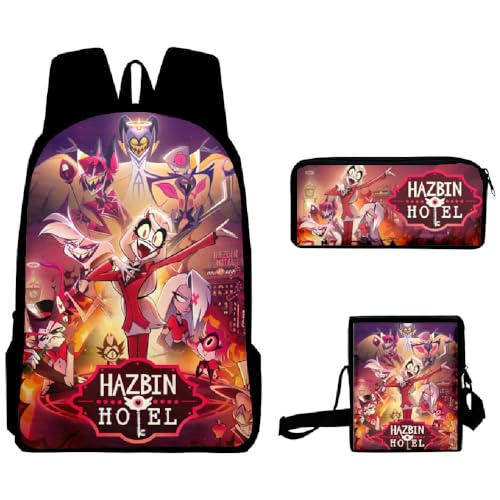 Wulachaka Hazbin Hotel Anime 3pcs Rucksack für Schüler Anime Schultaschen Komplettes Set mit Federmäppchen Mittagessen Tasche Unisex Geschenk für Kinder, Typ 7, 40*30*13cm, Anime von Wulachaka