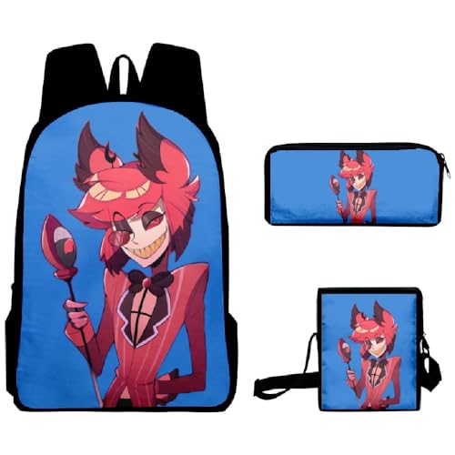 Wulachaka Hazbin Hotel Anime 3pcs Rucksack für Schüler Anime Schultaschen Komplettes Set mit Federmäppchen Mittagessen Tasche Unisex Geschenk für Kinder, Typ 8, 40*30*13cm, Anime von Wulachaka